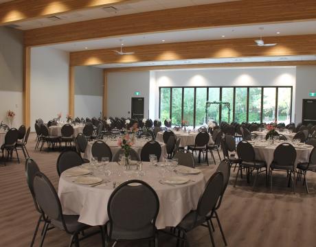 Inside Community Hall with tables arranged